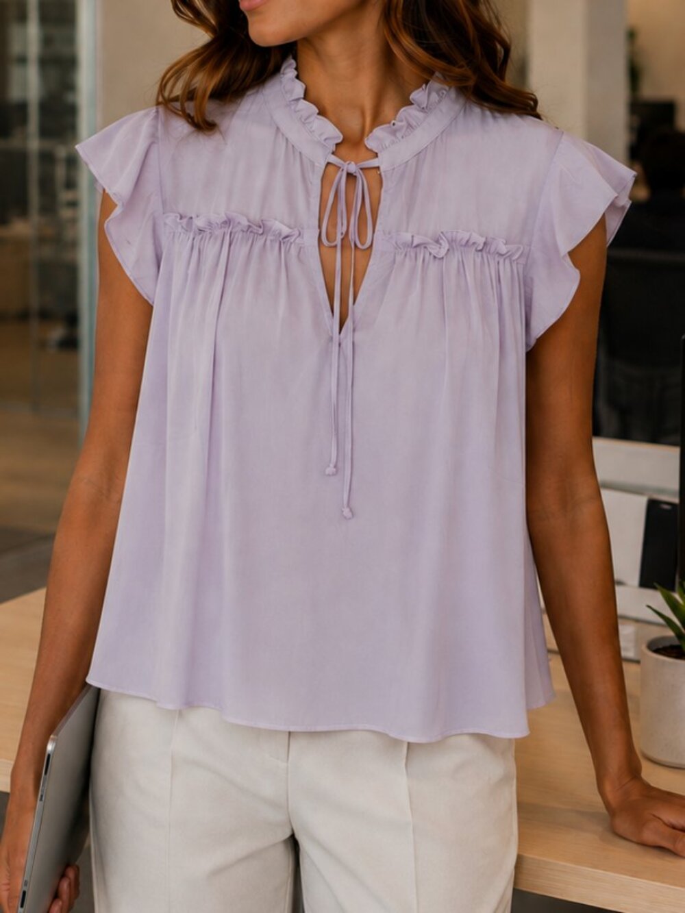 J. Crew Ruffle Tie-Neck Blouse (Lavendar)